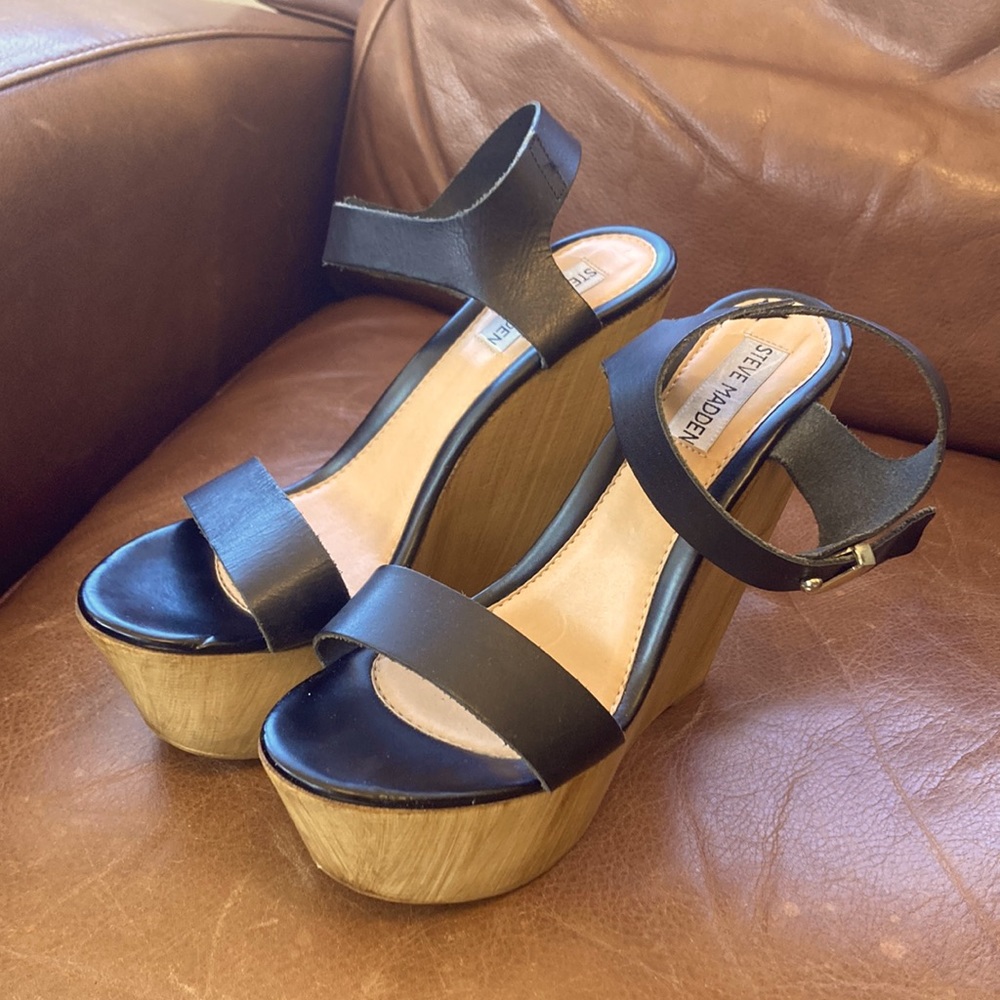 Steve Madden wedges wood and black leather